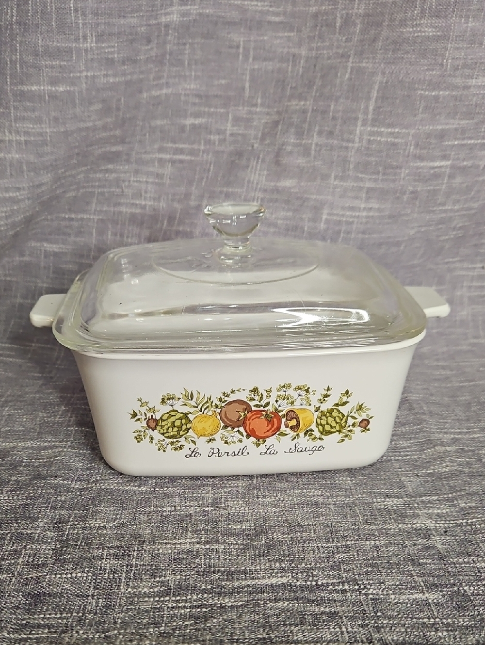 Corningware White Casserole with Garden Vegetable Motif and Glass Lid